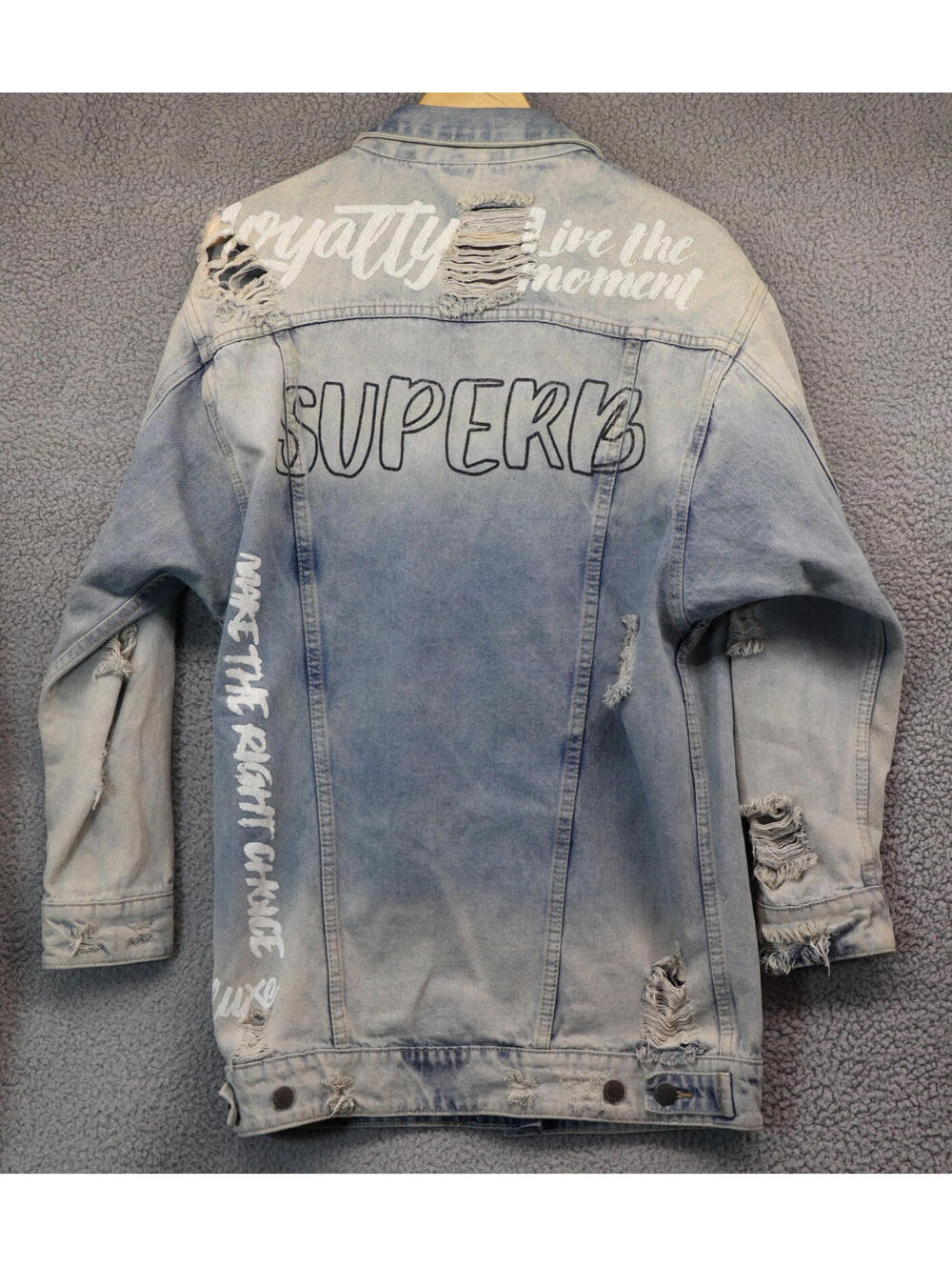 Jean Jacket Long Womens Large American Bazi Distressed Denim